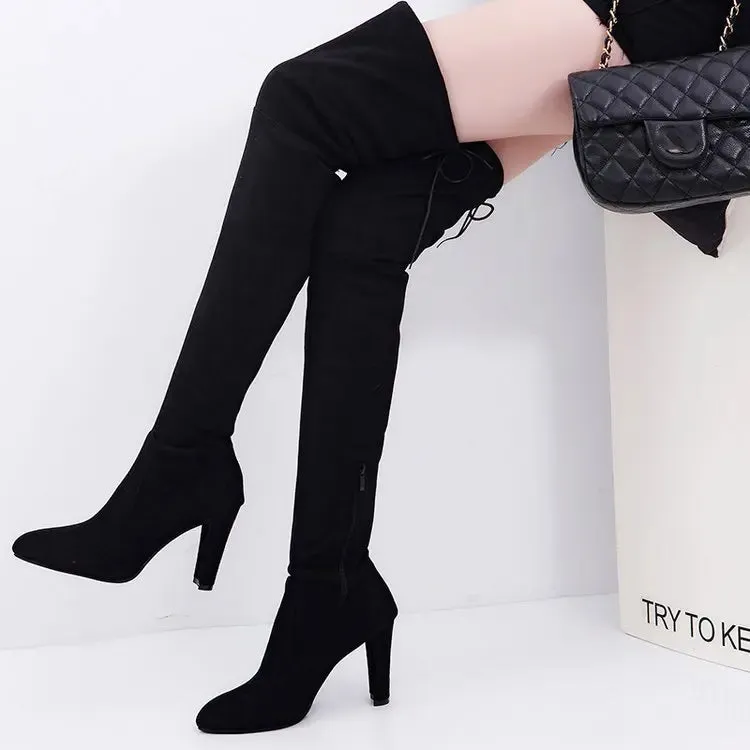 Trendy Over The Knee Stretch Fabric High Heel  Boots