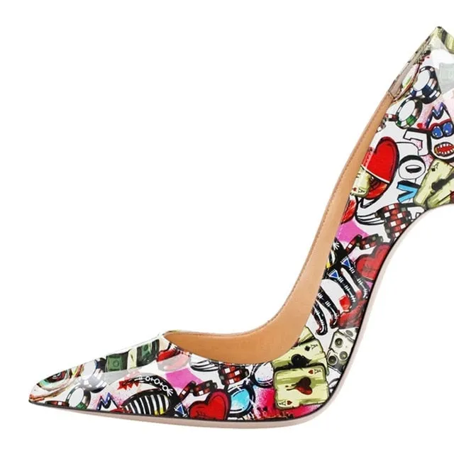 Trendy Pointed Toe Color Print High Heels