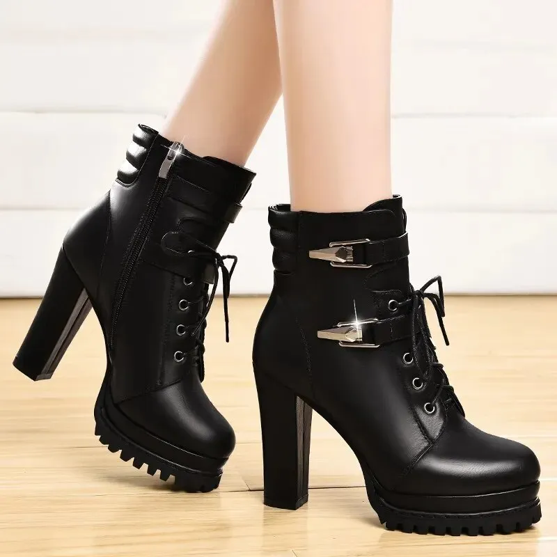 Trendy Soft Leather Black Chunky Heel Boots