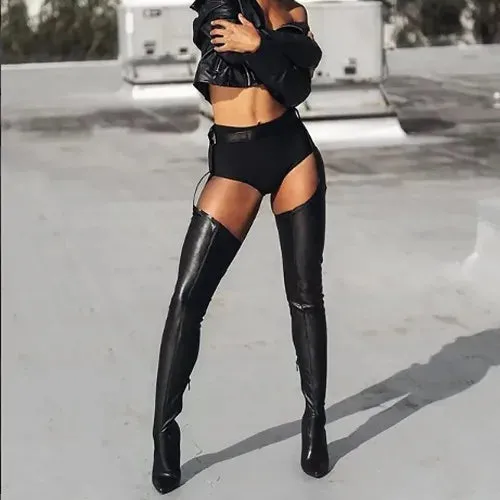 Trendy  Waist Belt Pointed Thigh High Stiletto Boots